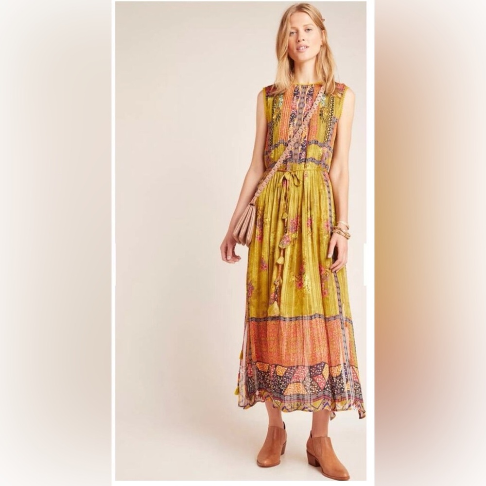 Bhanuni by jyoti 1X citron maxi dress boho tie waist sleeveless tassel slit boho